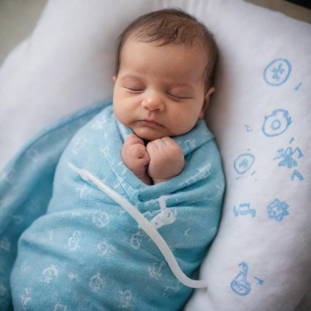 A newborn Iranian baby boy swaddled in soft, warm blankets. His engineer dad and doctor mom represented with subtle symbols such as a stethoscope and blueprints, showing their professions.