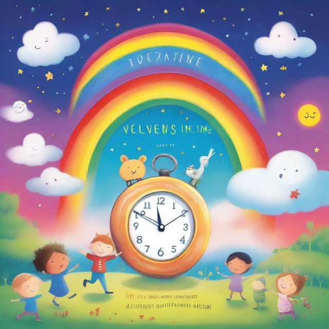 A whimsical children's book cover featuring a magical clock, colorful characters, and playful elements