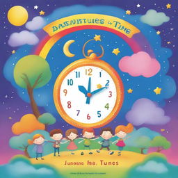 A whimsical children's book cover featuring a magical clock, colorful characters, and playful elements