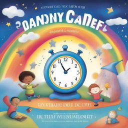 A whimsical children's book cover featuring a magical clock, colorful characters, and playful elements