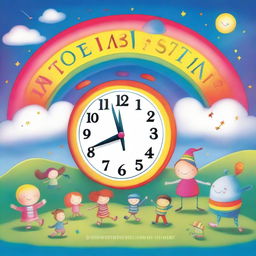 A whimsical children's book cover featuring a magical clock, colorful characters, and playful elements