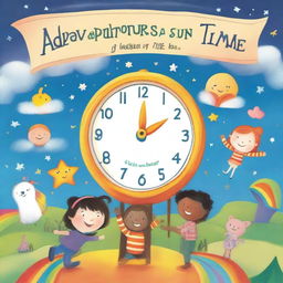 A whimsical children's book cover featuring a magical clock, colorful characters, and playful elements