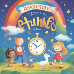 A whimsical children's book cover featuring a magical clock, colorful characters, and playful elements