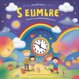 A whimsical children's book cover featuring a magical clock, colorful characters, and playful elements