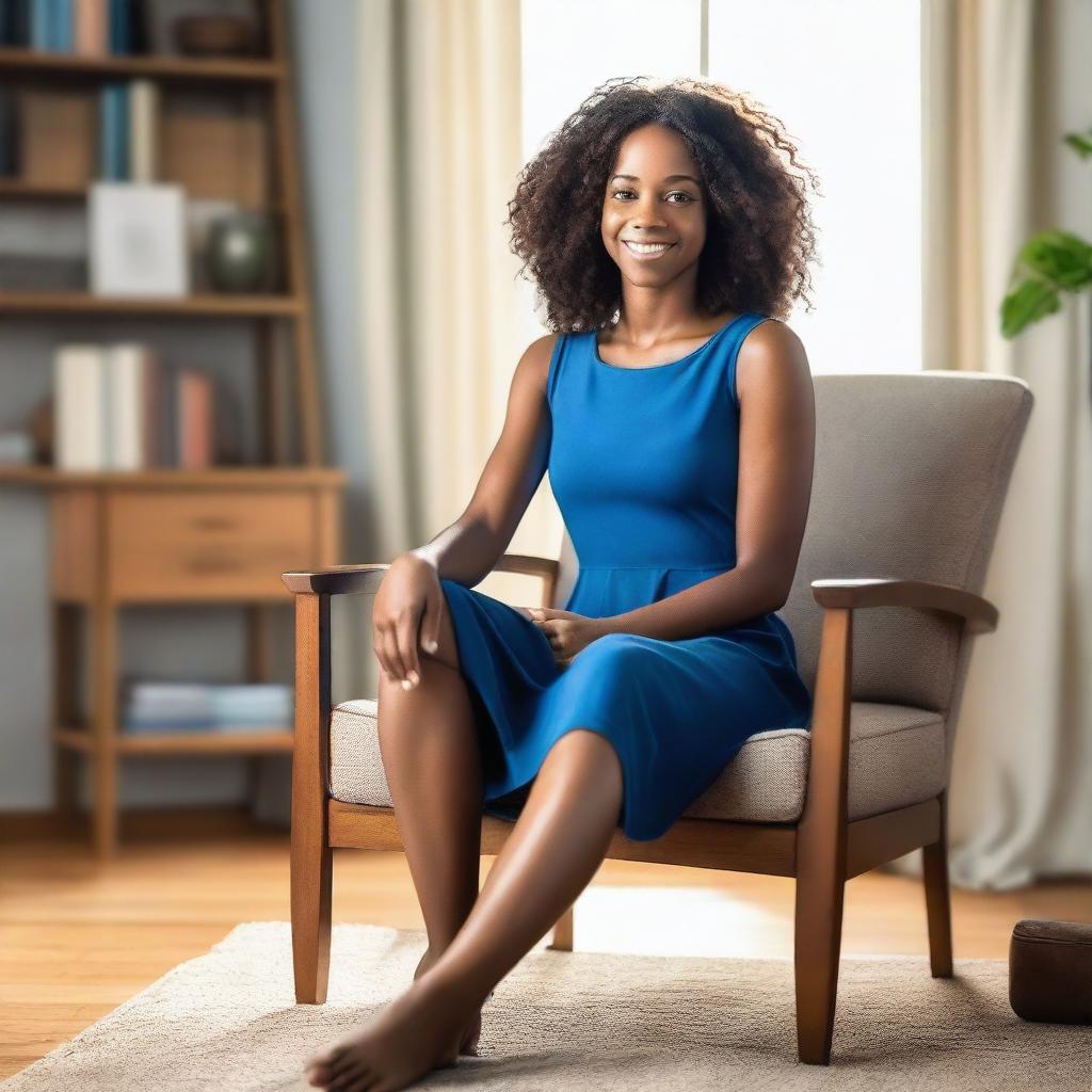 Create a realistic, high-quality image of a young black woman with shoulder-length brown hair, wearing a blue dress, seated on a comfortable chair in a cozy living room