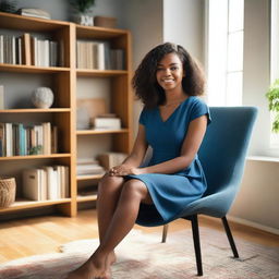 Create a realistic, high-quality image of a young black woman with shoulder-length brown hair, wearing a blue dress, seated on a comfortable chair in a cozy living room