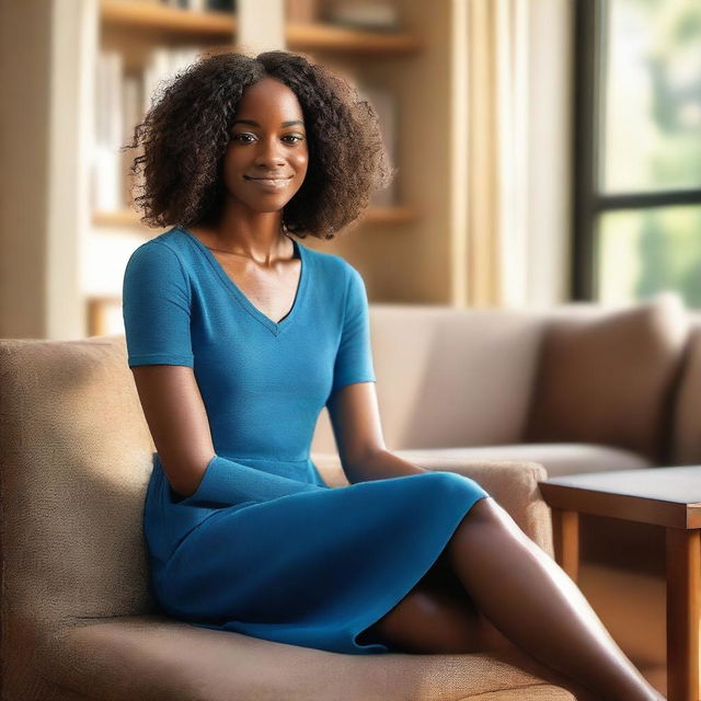 Create a realistic, high-quality image of a young black woman with shoulder-length brown hair, wearing a blue dress, seated on a comfortable chair in a cozy living room