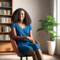 Create a realistic, high-quality image of a young black woman with shoulder-length brown hair, wearing a blue dress, seated on a comfortable chair in a cozy living room