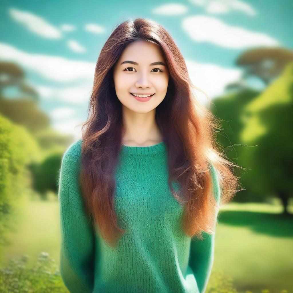 Create an image featuring a woman with long hair wearing a green sweater