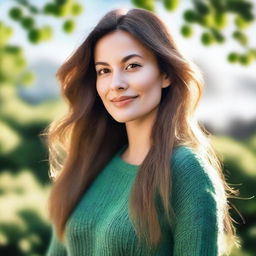 Create an image featuring a woman with long hair wearing a green sweater