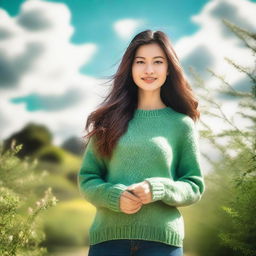 Create an image featuring a woman with long hair wearing a green sweater