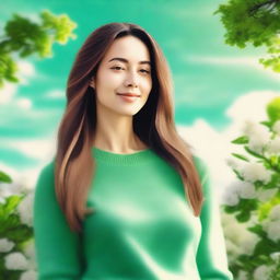 Create an image featuring a woman with long hair wearing a green sweater