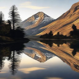 Um desenho de uma idosa vista de costas, refletindo em frente a uma janela com vista para as montanhas