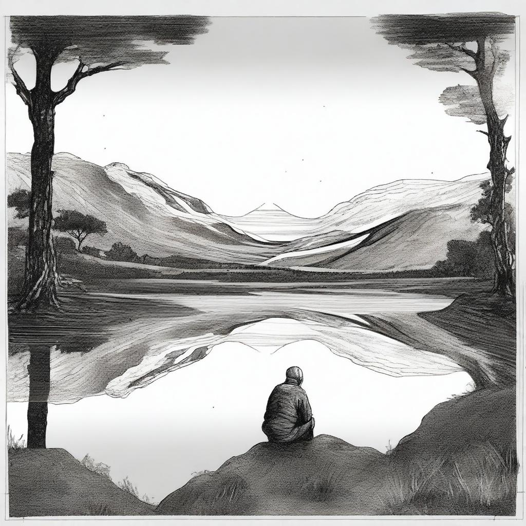 Um desenho de uma idosa vista de costas, refletindo em frente a uma janela com vista para as montanhas