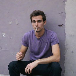 A rugged 25-year-old man in a torn purple t-shirt and black pants, sitting behind a wall and smoking a cigarette. His face and clothes are covered in grime.