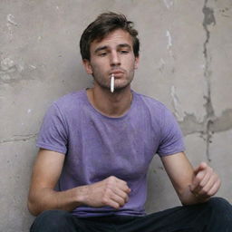 A rugged 25-year-old man in a torn purple t-shirt and black pants, sitting behind a wall and smoking a cigarette. His face and clothes are covered in grime.