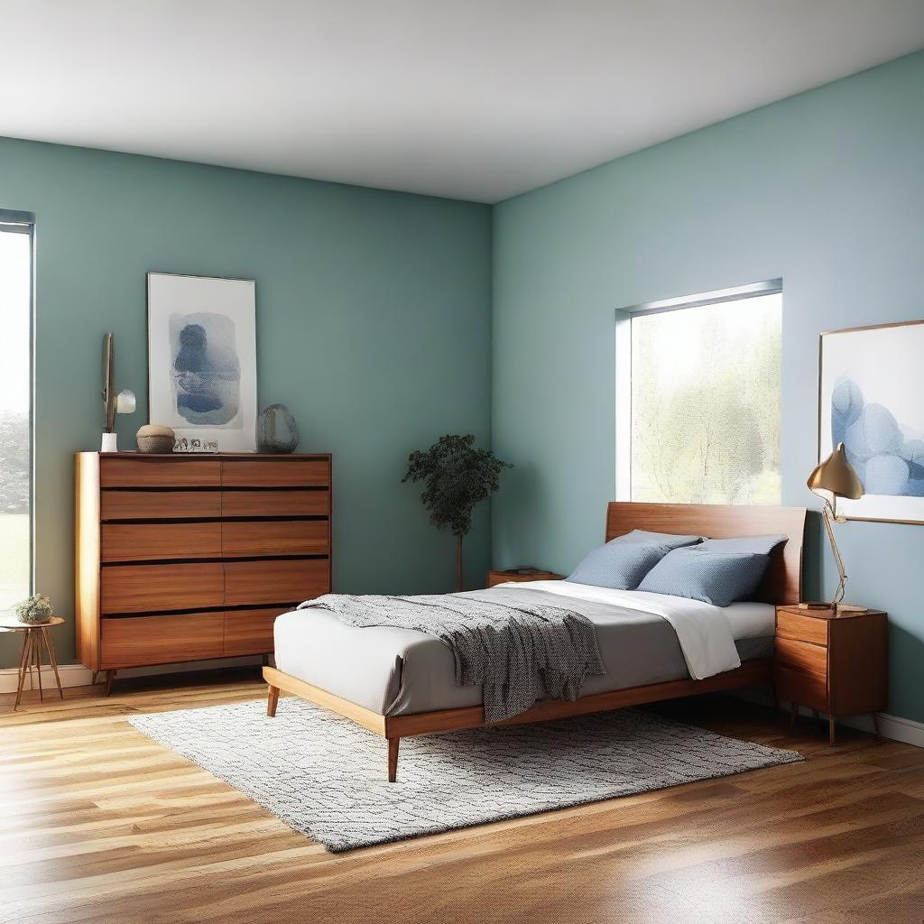 Create a mid-century style bedroom with wooden floors