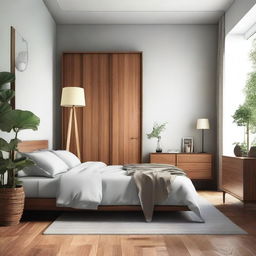 Create a mid-century style bedroom with wooden floors