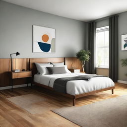 Create a mid-century style bedroom with wooden floors