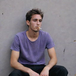 A rugged 25-year-old man in a torn purple t-shirt and black pants, sitting behind a wall and smoking a cigarette. His face and clothes are covered in grime.