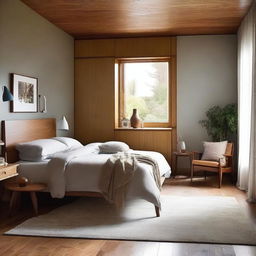 Create a mid-century style bedroom with wooden floors