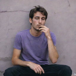 A rugged 25-year-old man in a torn purple t-shirt and black pants, sitting behind a wall and smoking a cigarette. His face and clothes are covered in grime.