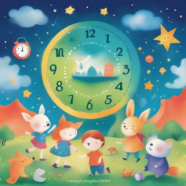 A vibrant and whimsical children's book cover featuring a magical clock with glowing numbers, surrounded by playful characters like animals and children