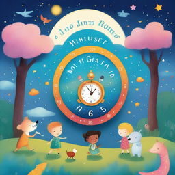 A vibrant and whimsical children's book cover featuring a magical clock with glowing numbers, surrounded by playful characters like animals and children