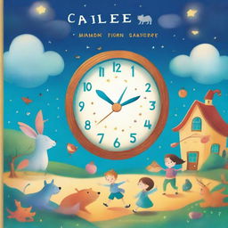 A vibrant and whimsical children's book cover featuring a magical clock with glowing numbers, surrounded by playful characters like animals and children