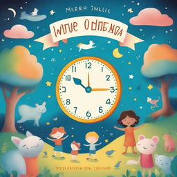 A vibrant and whimsical children's book cover featuring a magical clock with glowing numbers, surrounded by playful characters like animals and children