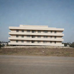 A distant view of a rectangular two-story hotel in perspective