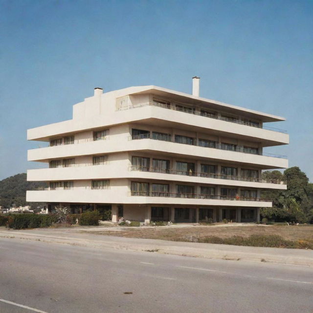 A distant view of a rectangular two-story hotel in perspective