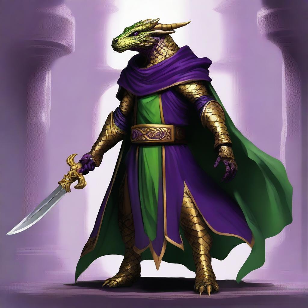 A half green, half gold scaled Dragonborn with a purple cloak, set in a Dungeons and Dragons universe