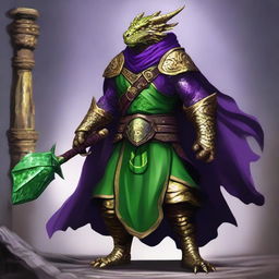 A half green, half gold scaled Dragonborn with a purple cloak, set in a Dungeons and Dragons universe