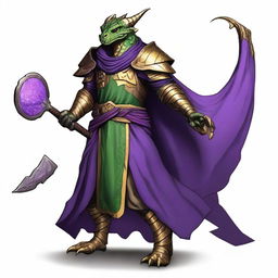 A half green, half gold scaled Dragonborn with a purple cloak, set in a Dungeons and Dragons universe