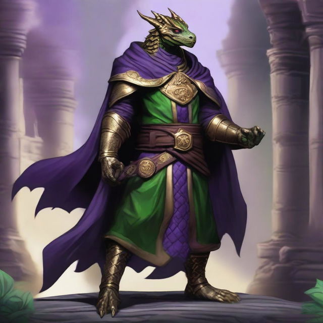 A half green, half gold scaled Dragonborn with a purple cloak, set in a Dungeons and Dragons universe