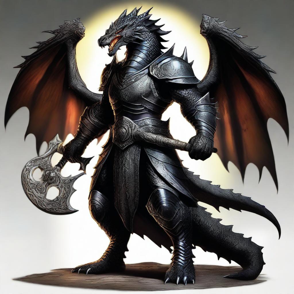 A black half-dragon clad in heavy armor, wielding a massive great hammer