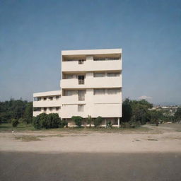 A distant view of a rectangular two-story hotel in perspective