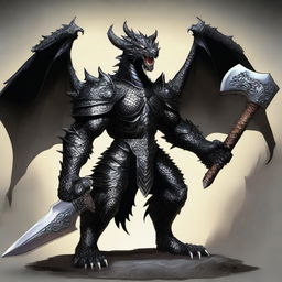 A black half-dragon clad in heavy armor, wielding a massive great hammer