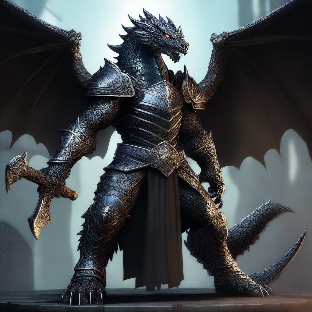 A black half-dragon clad in heavy armor, wielding a massive great hammer