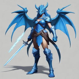 A blue female half-dragon character from Dungeons and Dragons, equipped with light armor and wielding two swords