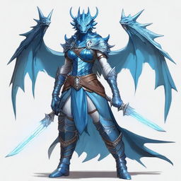 A blue female half-dragon character from Dungeons and Dragons, equipped with light armor and wielding two swords