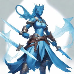 A blue female half-dragon character from Dungeons and Dragons, equipped with light armor and wielding two swords