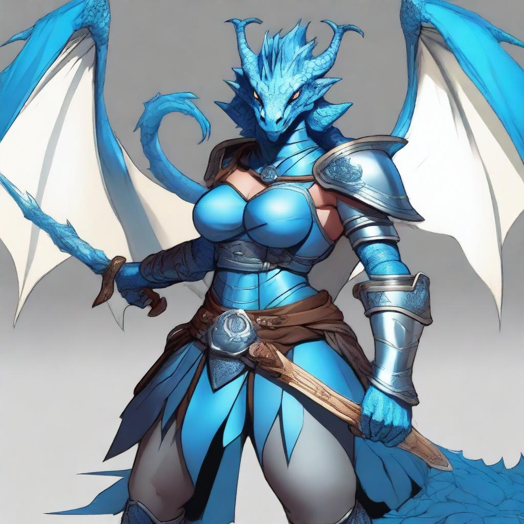 A blue female half-dragon character from Dungeons and Dragons, equipped with light armor and wielding two swords