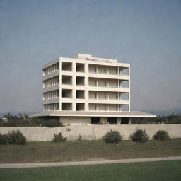 A distant view of a rectangular two-story hotel in perspective