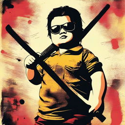 A badass movie poster featuring a chubby kid wearing sunglasses and holding a machete