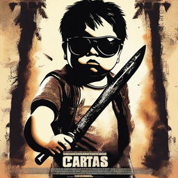 A badass movie poster featuring a chubby kid wearing sunglasses and holding a machete