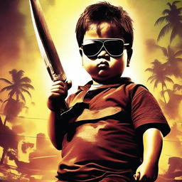 A badass movie poster featuring a chubby kid wearing sunglasses and holding a machete