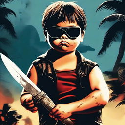 A badass movie poster featuring a chubby kid wearing sunglasses and holding a machete