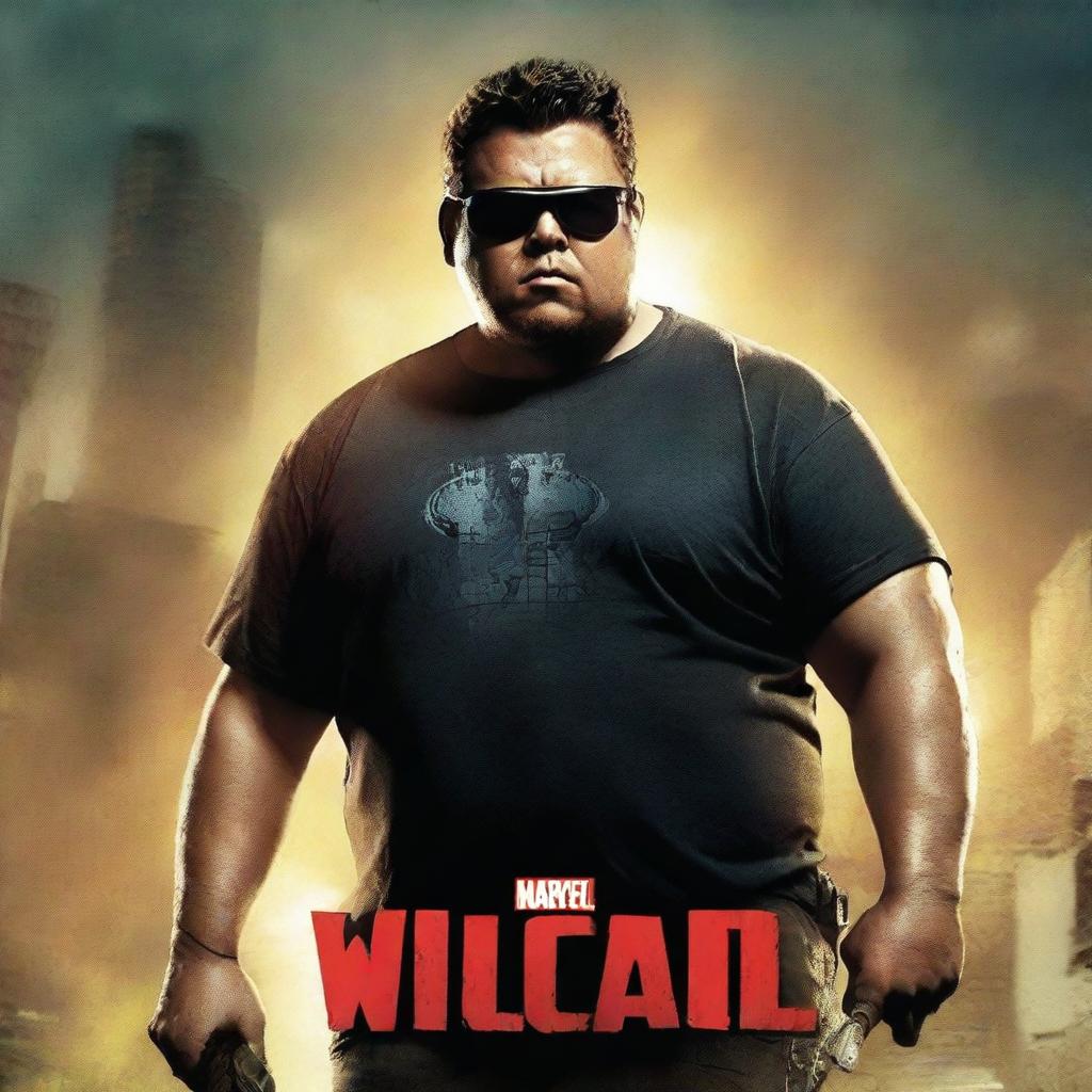 A badass movie poster featuring a chubby young adult wearing sunglasses and holding a machete